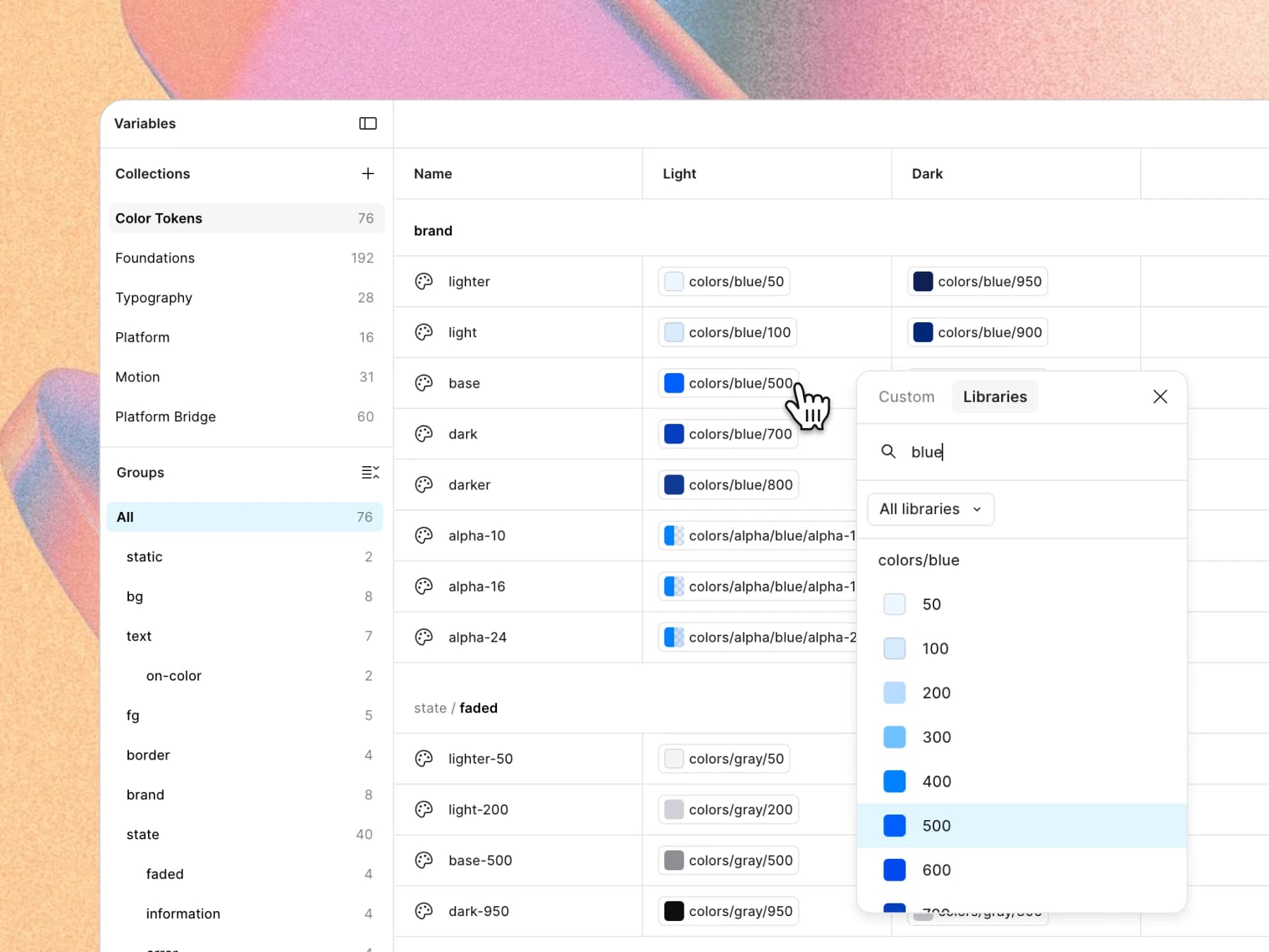 The Figma variables panel: brand/base in the Color Tokens collection being pointed at colors/blue/500 from the library picker, light and dark columns side by side