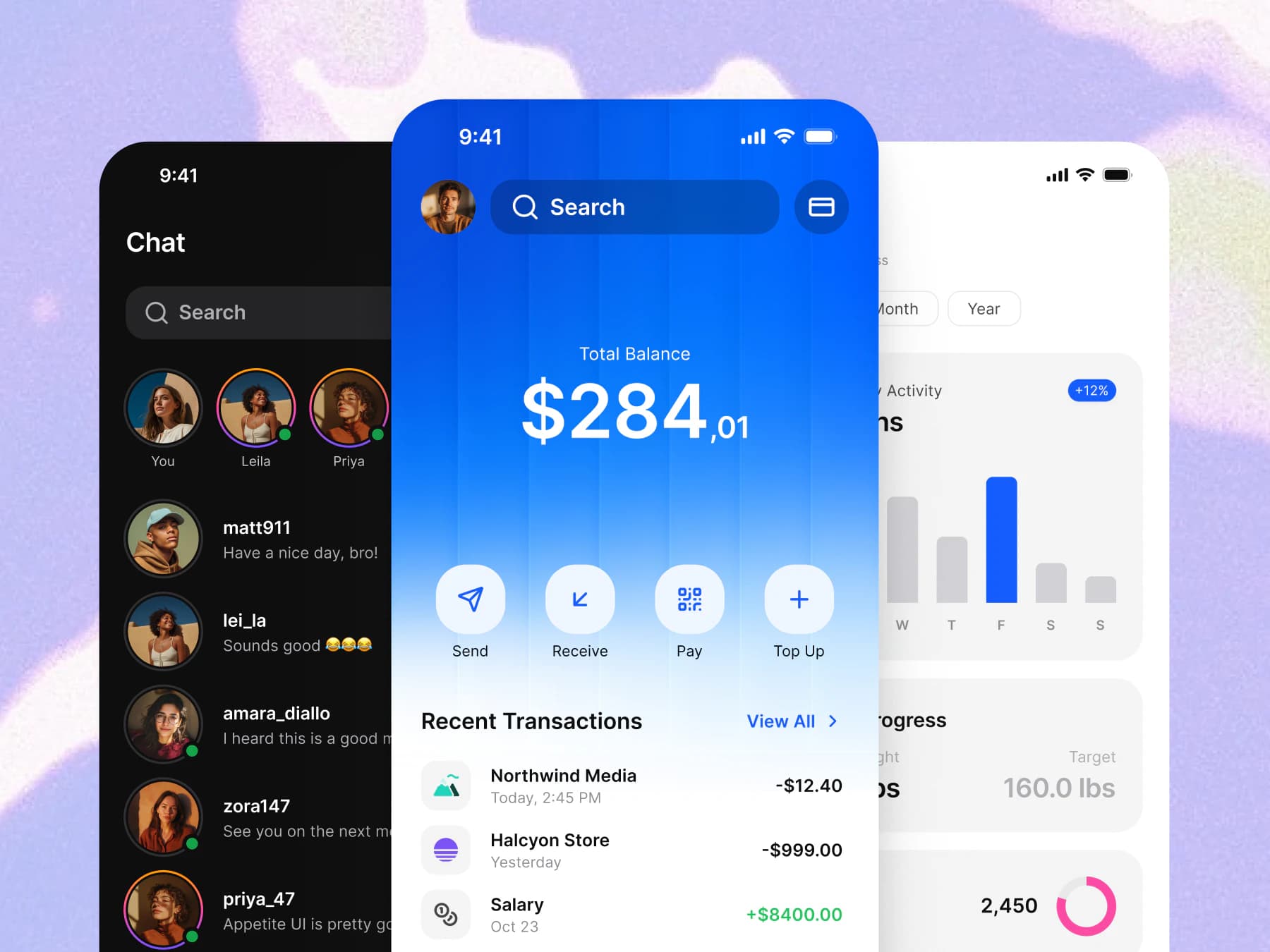 Three app screens: a dark chat list, a wallet with the total balance and recent transactions, and a weekly activity chart