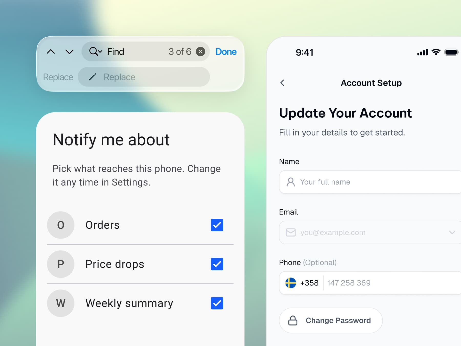 An iOS find and replace bar, a Material 3 dialog with a checked list, and an iOS Account Setup form with name, email and phone fields