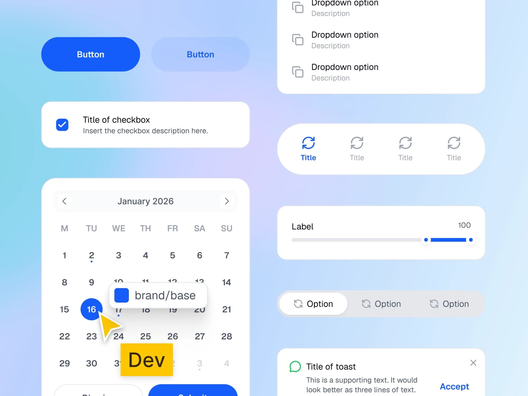 Buttons, a checkbox, a calendar, dropdown options, tabs, a slider and a toast, with a Dev pointer on the brand/base token of the selected date