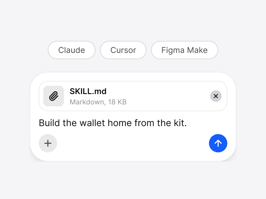 A prompt composer with SKILL.md, a Markdown file of 18 KB, attached and the prompt Build the wallet home from the kit, under three chips naming Claude, Cursor and Figma Make