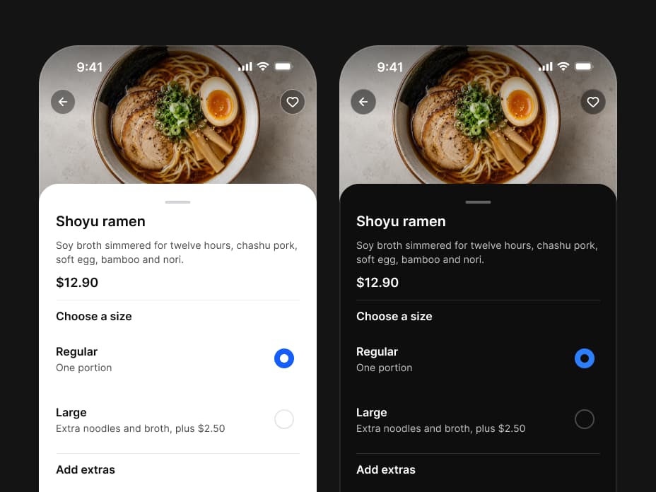 The same Shoyu ramen screen in light and in dark mode side by side: the dish photo, its description and $12.90 price, and a size choice with Regular selected, every row and label in the same place