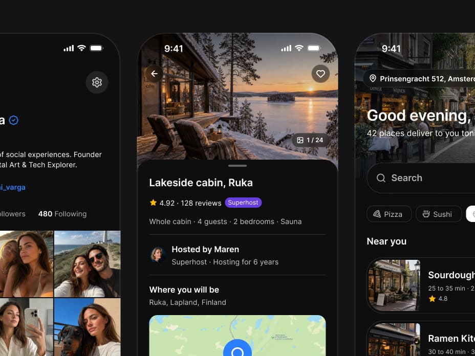 Three app screens from the kit side by side: a social profile with a photo grid, a booking listing for a Lakeside cabin in Ruka with its host, reviews and map, and a food delivery home with a search field, cuisine filters and restaurants near you