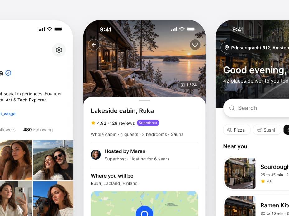 Three app screens from the kit side by side: a social profile with a photo grid, a booking listing for a Lakeside cabin in Ruka with its host, reviews and map, and a food delivery home with a search field, cuisine filters and restaurants near you