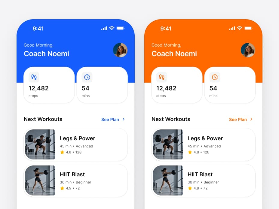 The same fitness home screen twice, Good Morning, Coach Noemi with 12,482 steps, 54 mins and the next workouts Legs & Power and HIIT Blast: once in the brand blue, once in orange, every header, icon and link following the one brand color