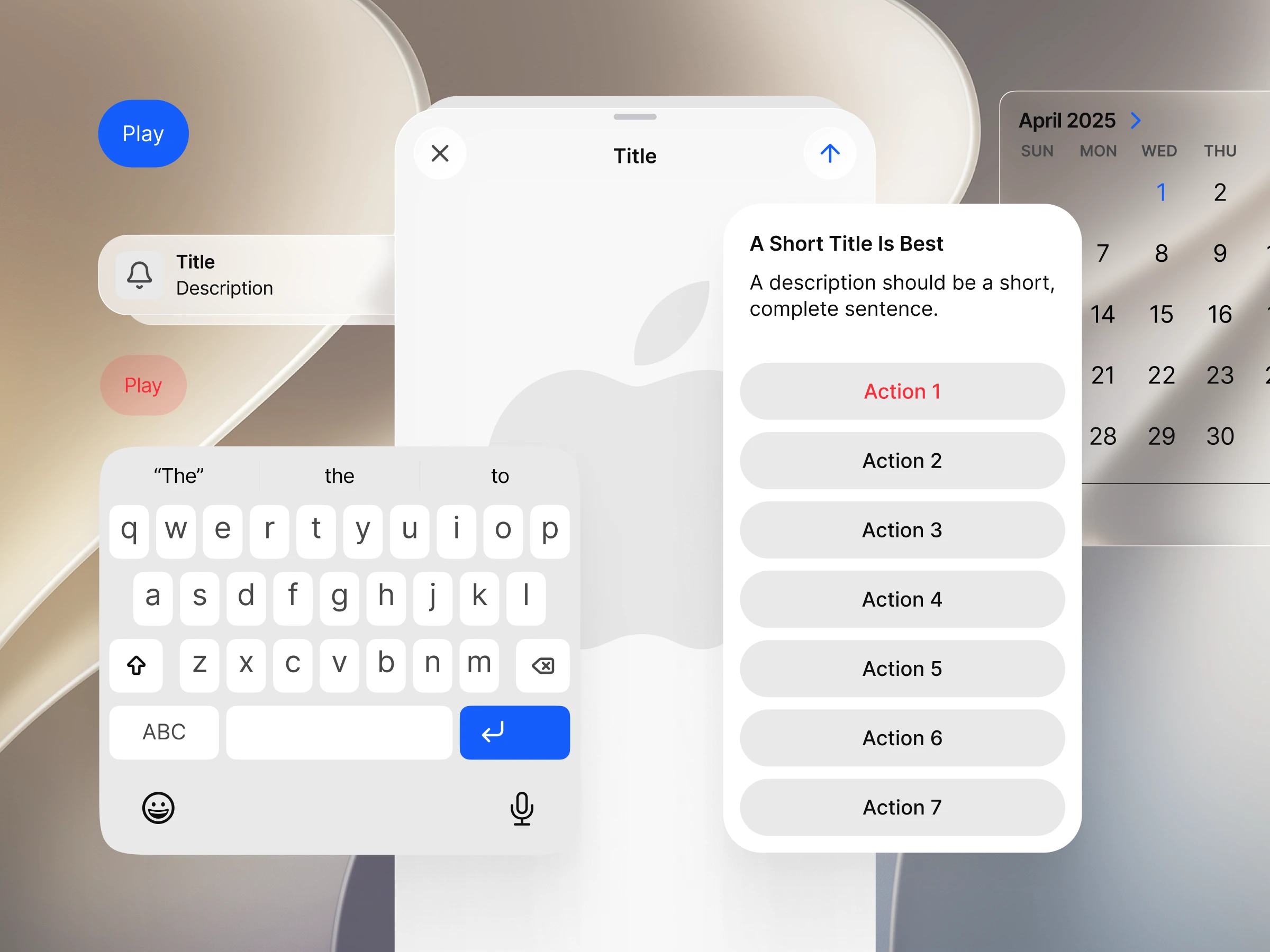 iOS components in light mode: a Play button in the brand blue, a notification row, a keyboard, an action sheet, a sheet header and a month calendar