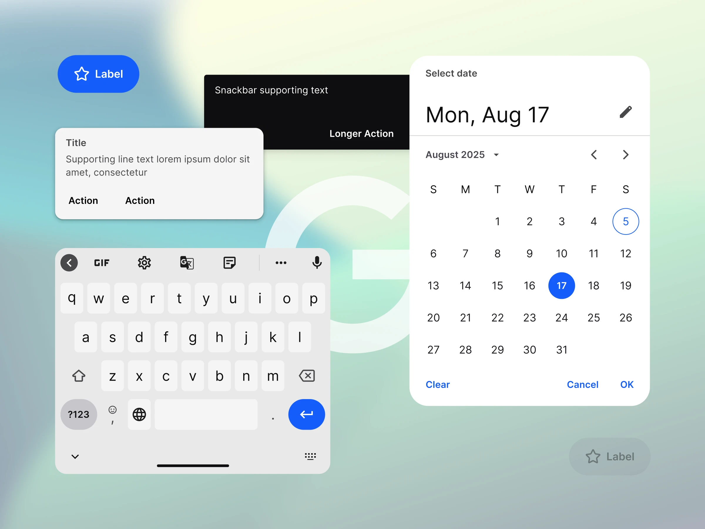 Material 3 components: an extended button in the brand blue, a snackbar, a dialog, a keyboard and a date picker with the selected day in the brand blue