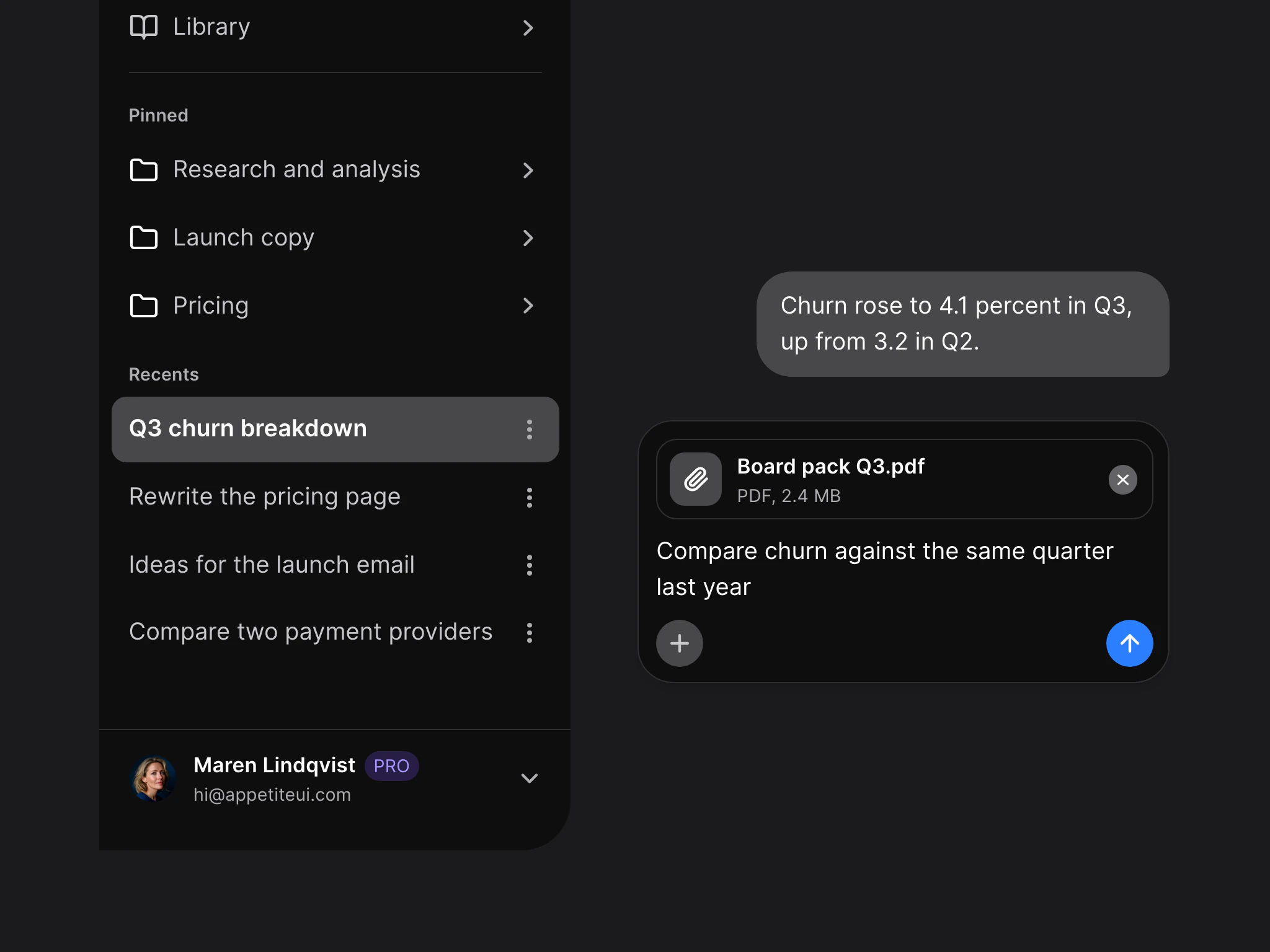 Appetite UI's AI components: a navigation drawer with Library, pinned projects and recent chats, Q3 churn breakdown selected, a sent message about churn in Q3, and a prompt composer with an attached Board pack Q3.pdf, a plus button and a blue send button