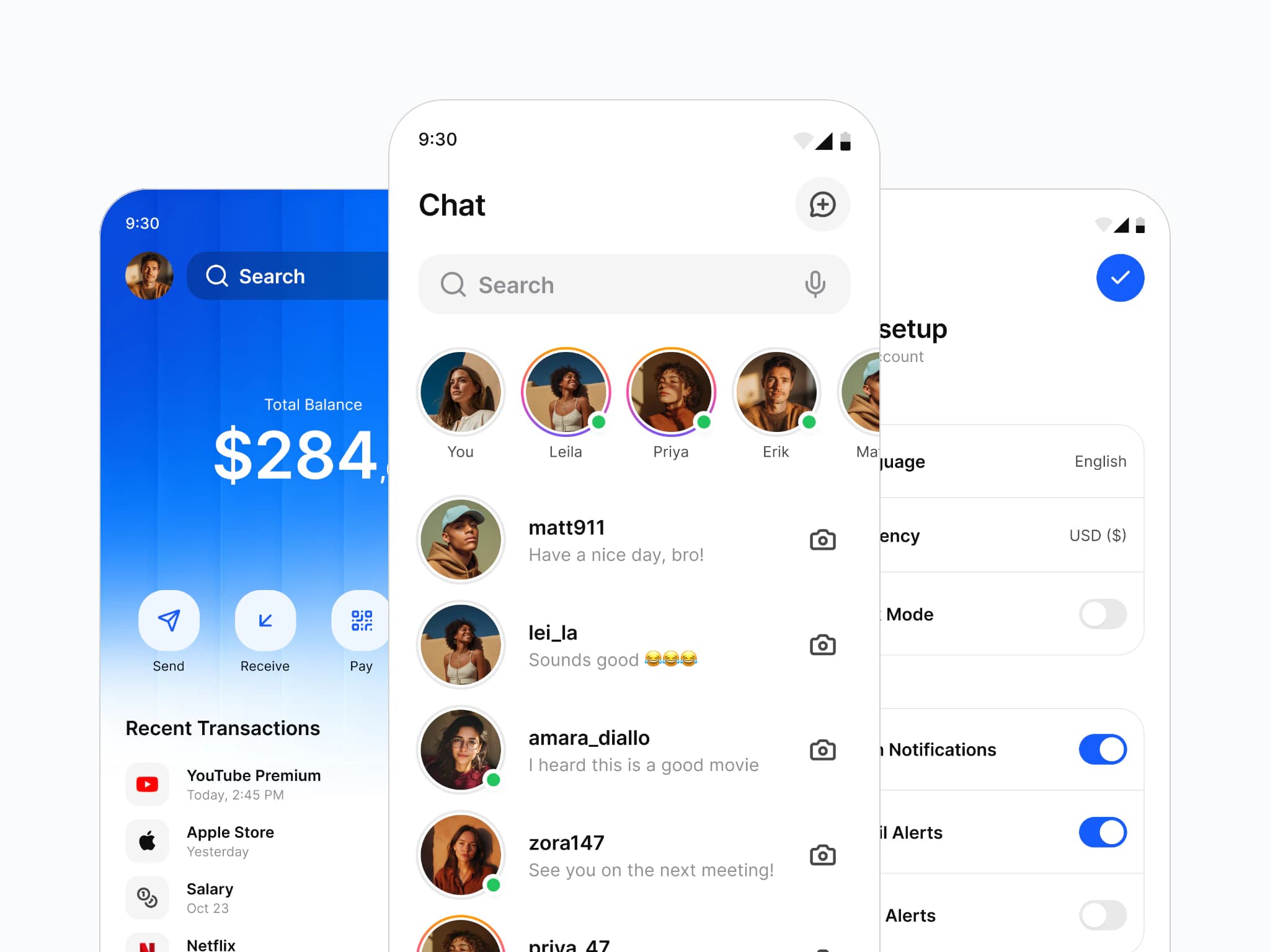 Three Android screens from Appetite UI with the Material status bar: a Finance dashboard on the brand blue, a Chat list with stories and recent messages, and an Account setup screen with language and currency rows and notification switches