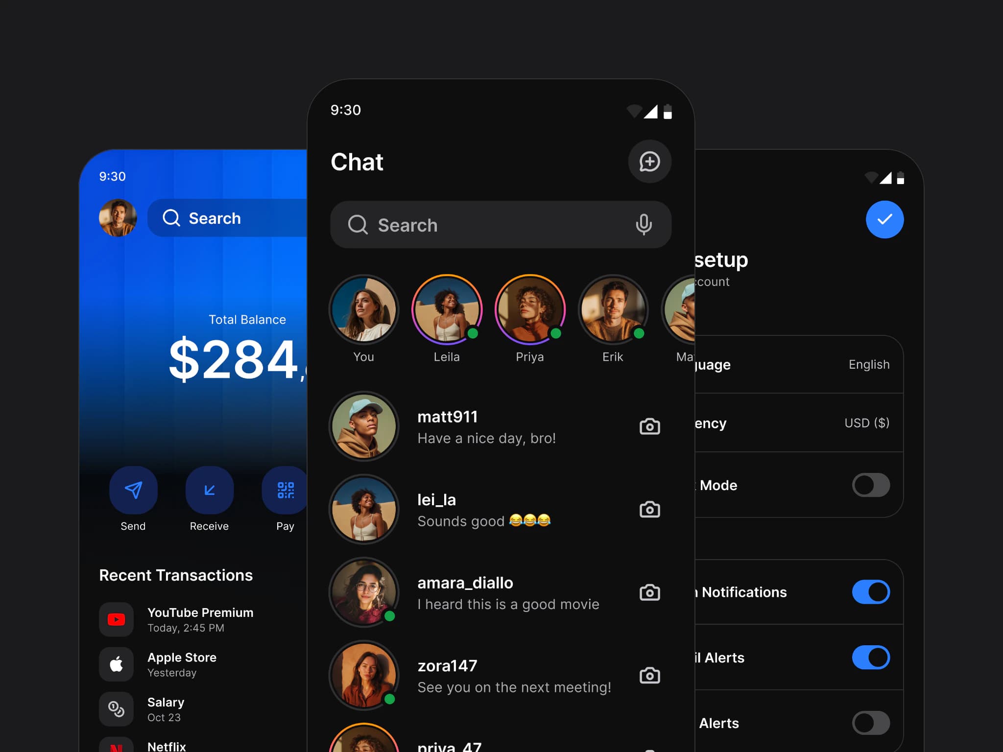 Three Android screens from Appetite UI with the Material status bar: a Finance dashboard on the brand blue, a Chat list with stories and recent messages, and an Account setup screen with language and currency rows and notification switches