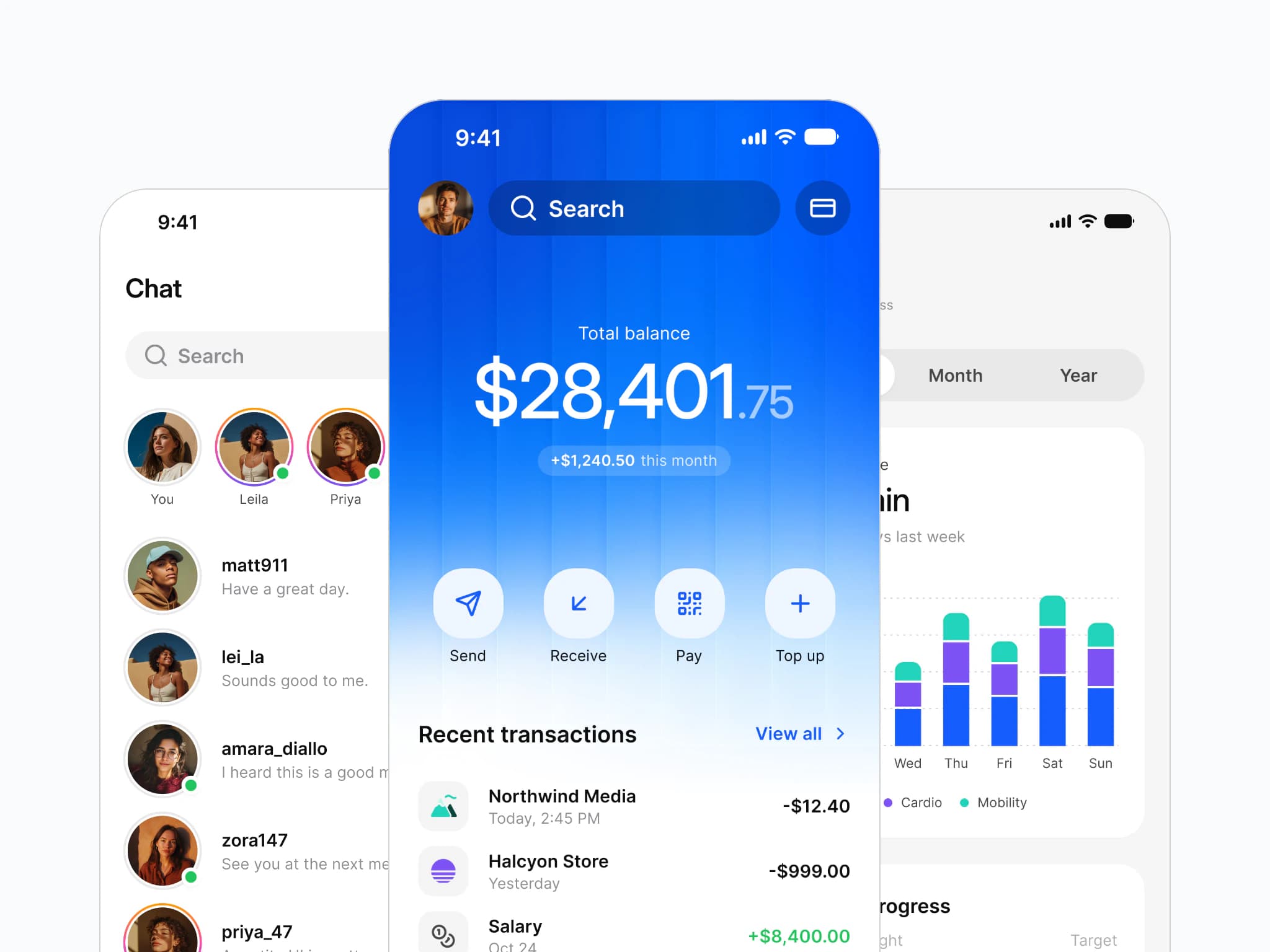 Three iPhone screens from Appetite UI's app templates: a Chat list with stories and recent messages, a Finance dashboard with the total balance on a blue header, send, receive, pay and top up buttons and recent transactions, and a Fitness analytics screen with a week of activity bars
