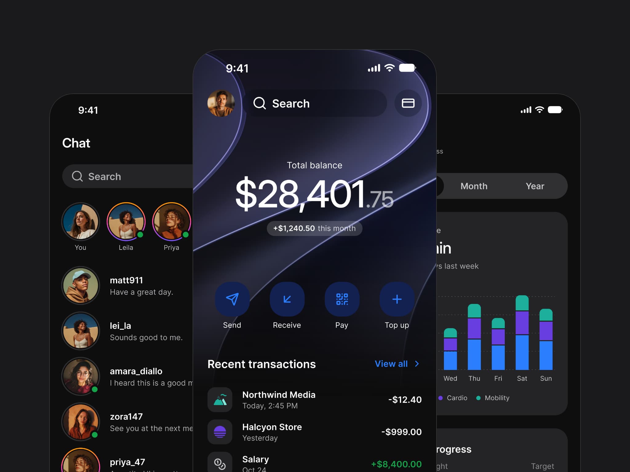 Three iPhone screens from Appetite UI's app templates: a Chat list with stories and recent messages, a Finance dashboard with the total balance on a blue header, send, receive, pay and top up buttons and recent transactions, and a Fitness analytics screen with a week of activity bars