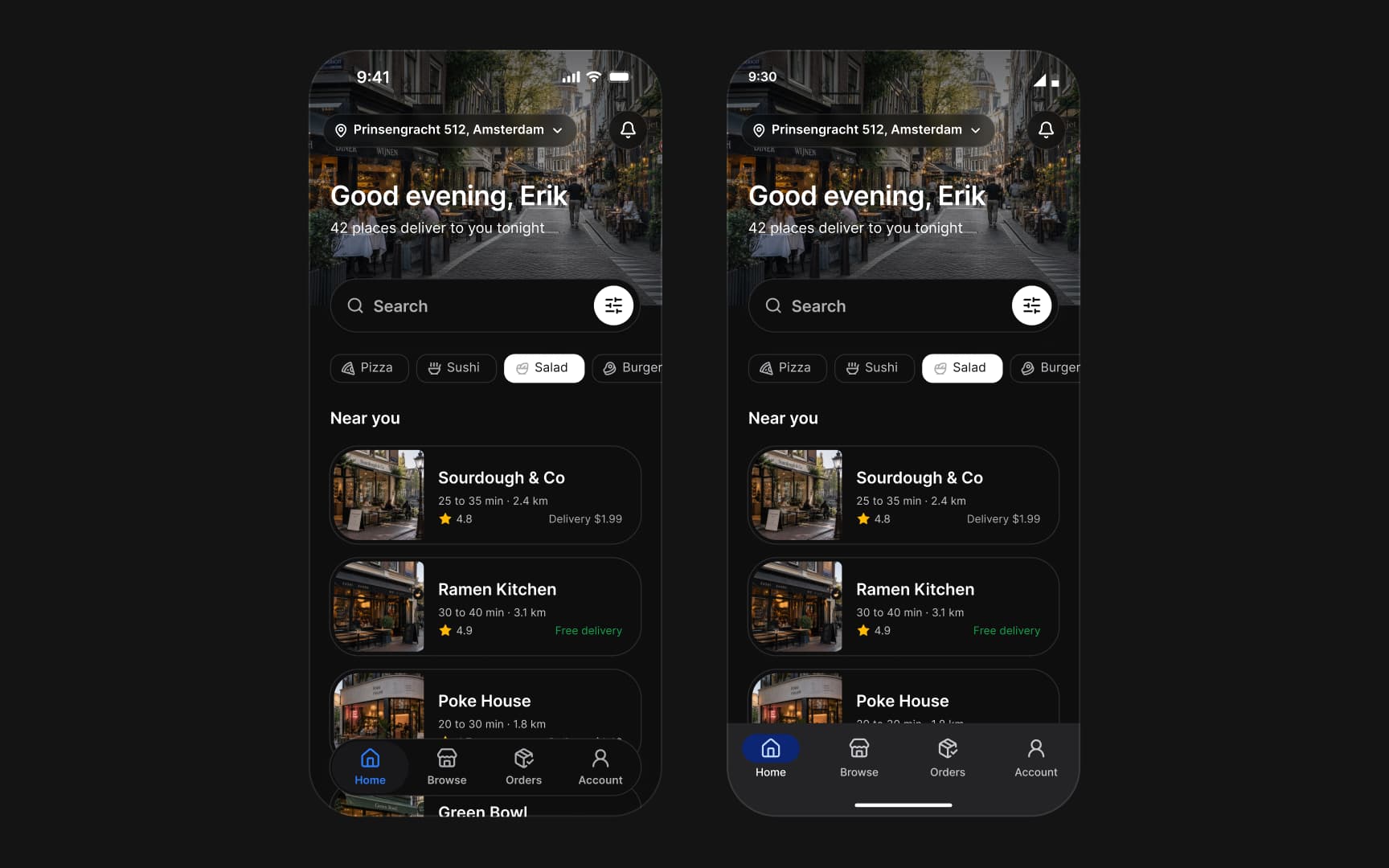 One food delivery home screen on iOS and on Android side by side: Good evening, Erik over a street photo, a search field, cuisine filters with Salad chosen and restaurants near you, Sourdough & Co, Ramen Kitchen and Poke House, over each platform's own tab bar