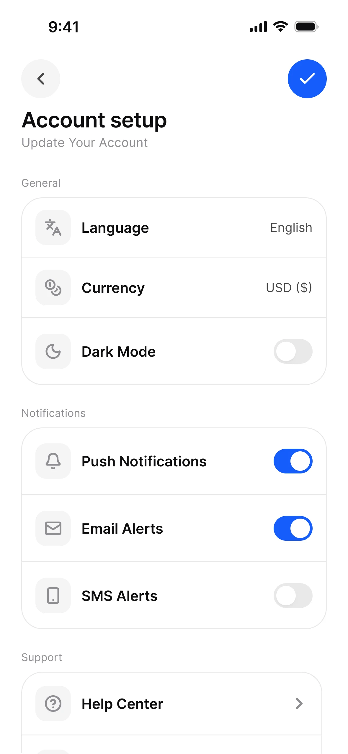 The Account setup screen in light mode: a General group with Language set to English, Currency set to USD and a Dark Mode switch, then Notifications