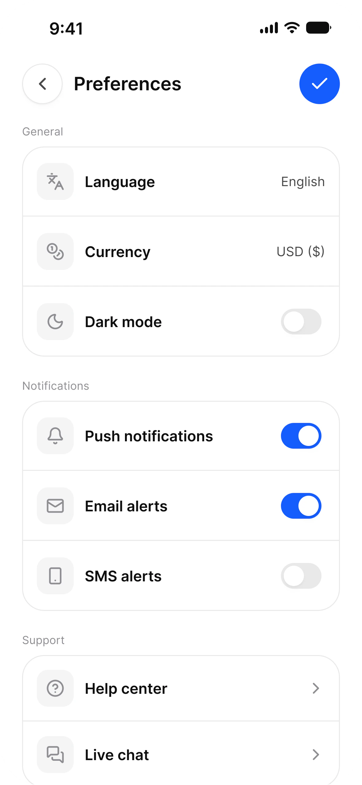 The Preferences screen in light mode: a General group with Language set to English, Currency set to USD and a Dark mode switch that is off, then Notifications