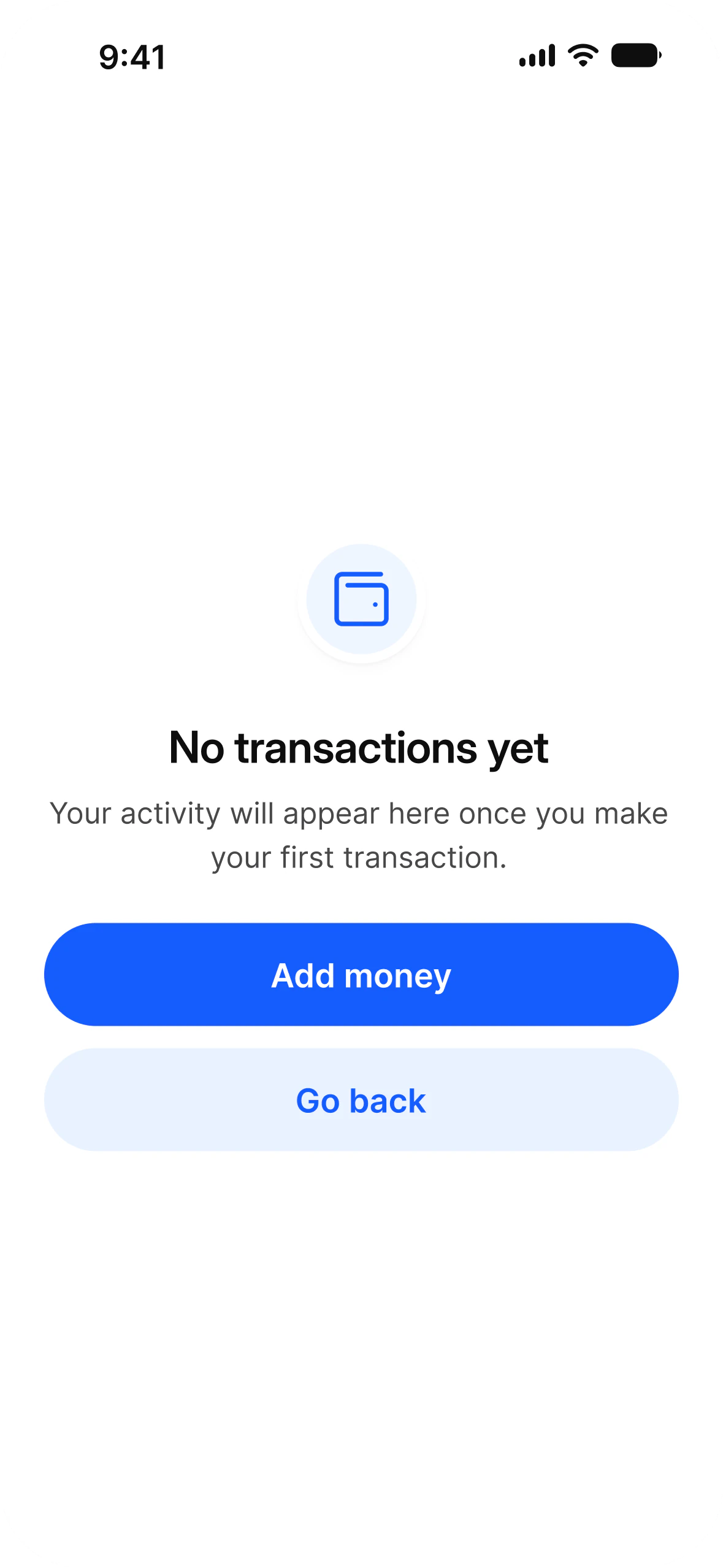 Empty state in light mode: No transactions yet, with Add money and Go back