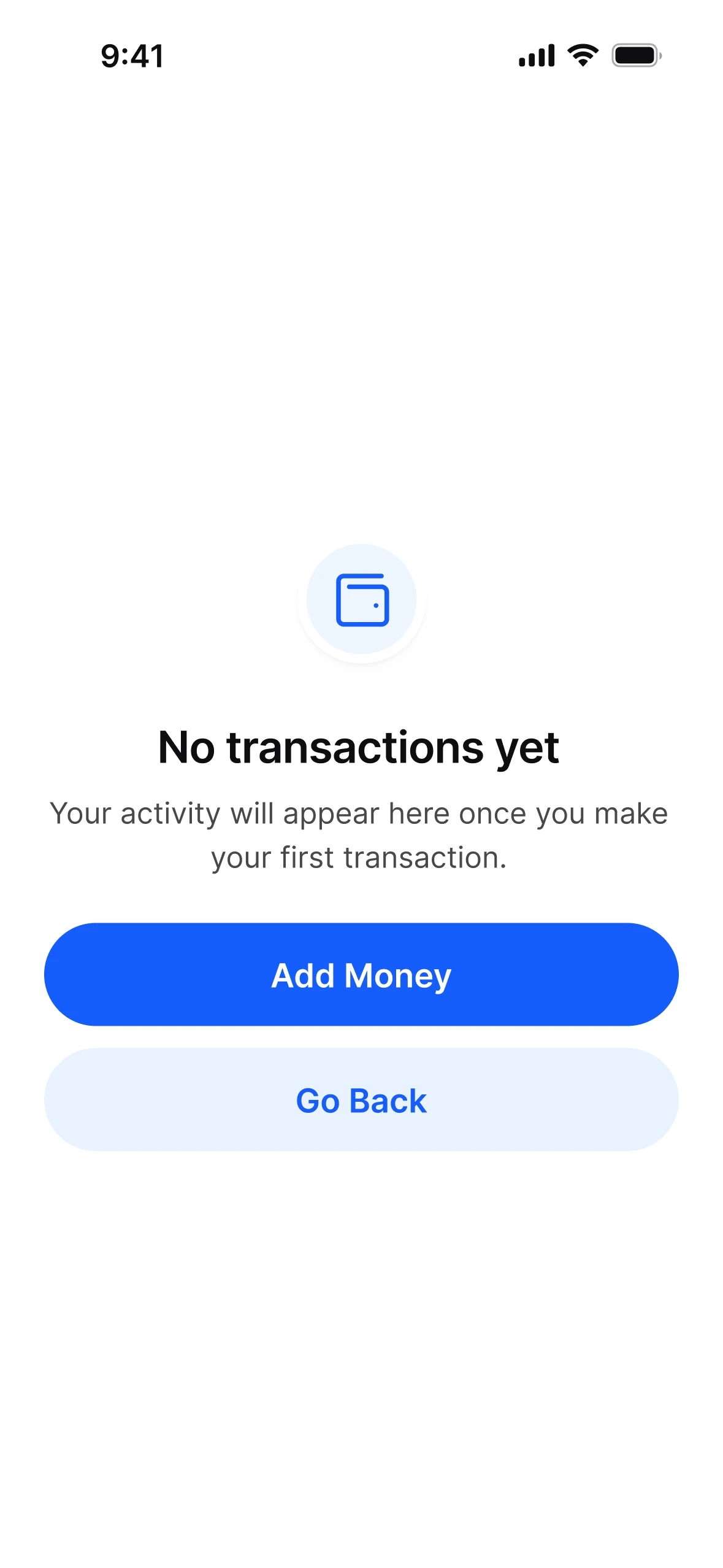Empty state in light mode: No transactions yet, with Add Money and Go Back