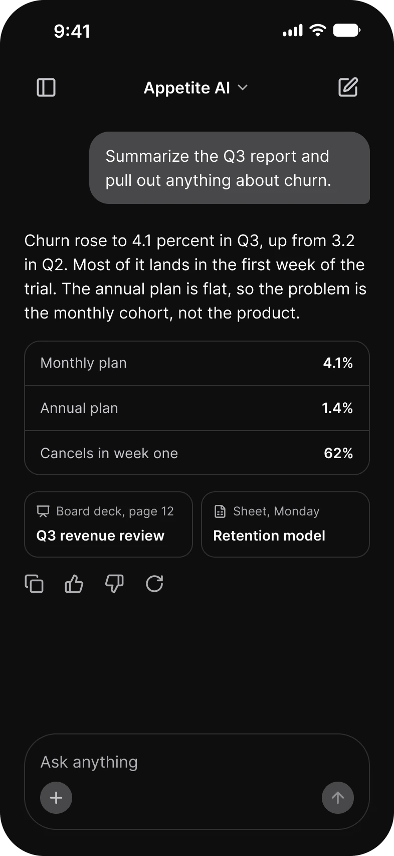 AI assistant thread in dark mode: a request to summarize the Q3 report, answered with churn by plan in a table, and an Ask anything field