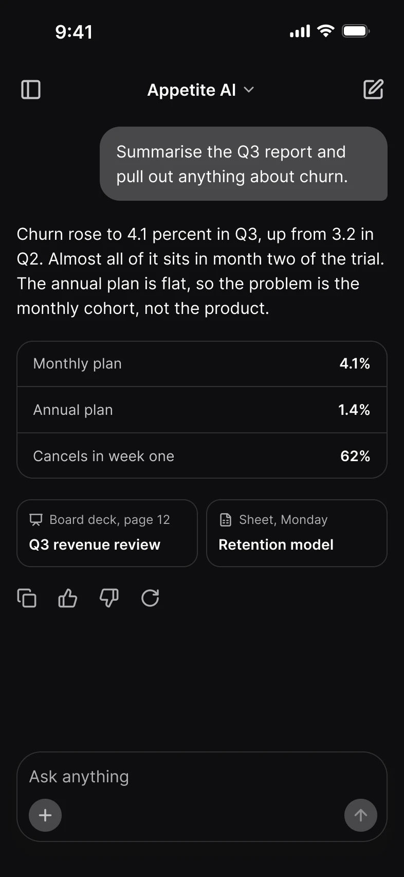 AI assistant thread in dark mode: a request to summarize the Q3 report, answered with churn by plan in a table, and an Ask anything field