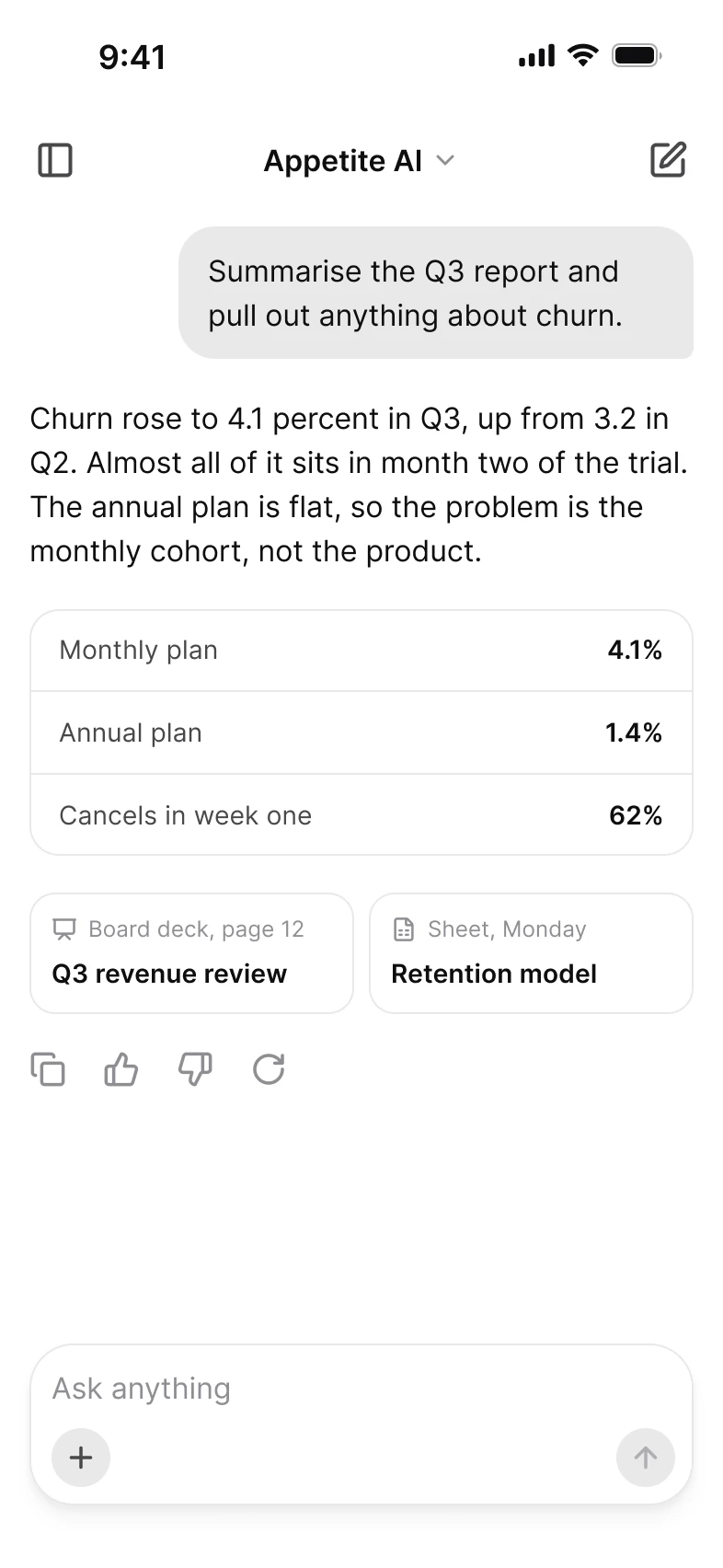 AI assistant thread in light mode: a request to summarize the Q3 report, answered with churn by plan in a table, and an Ask anything field