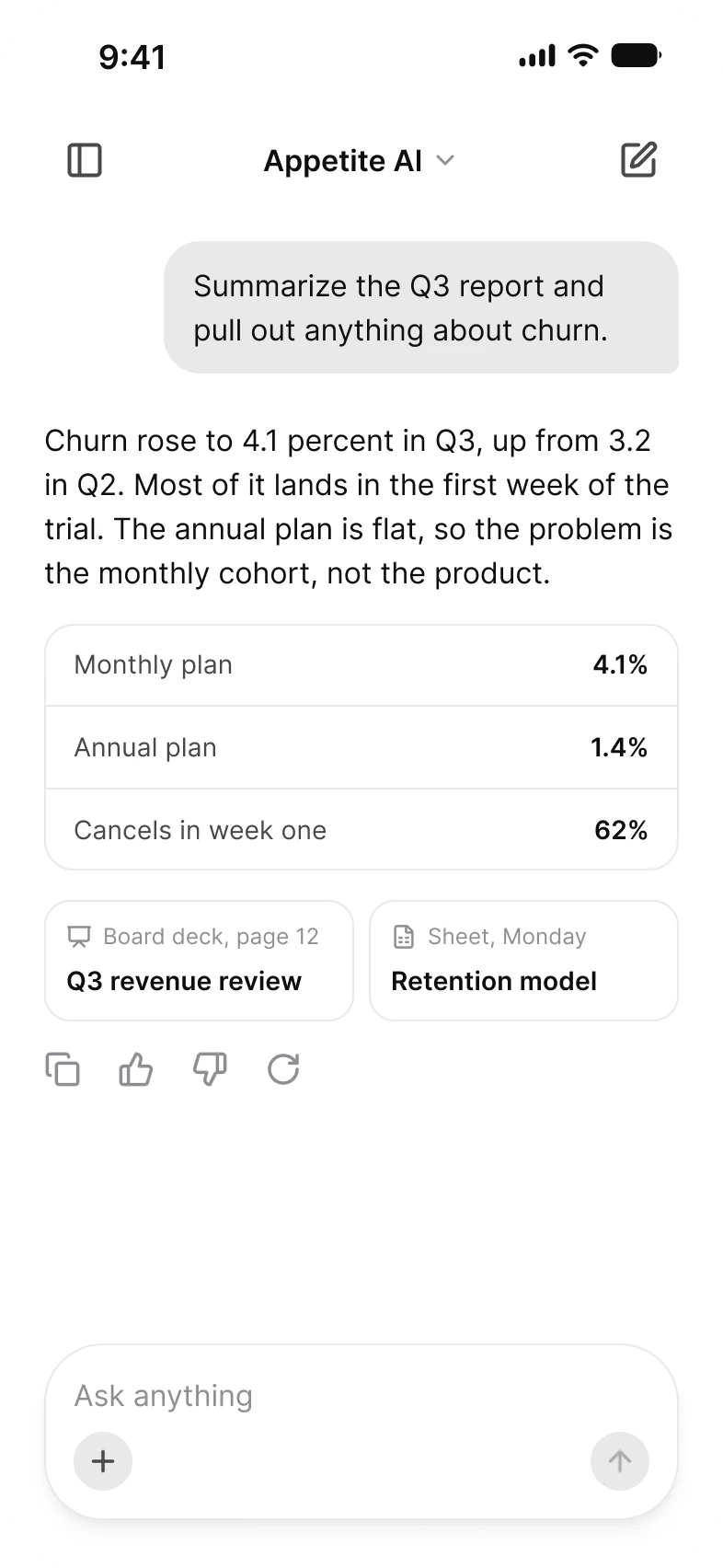 AI assistant thread in light mode: a request to summarize the Q3 report, answered with churn by plan in a table, and an Ask anything field