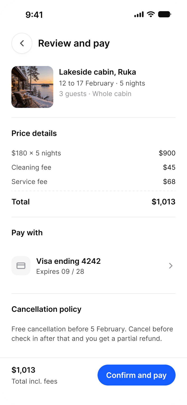 Review and pay screen in light mode: a lakeside cabin in Ruka, price details, a Visa card and Confirm and pay