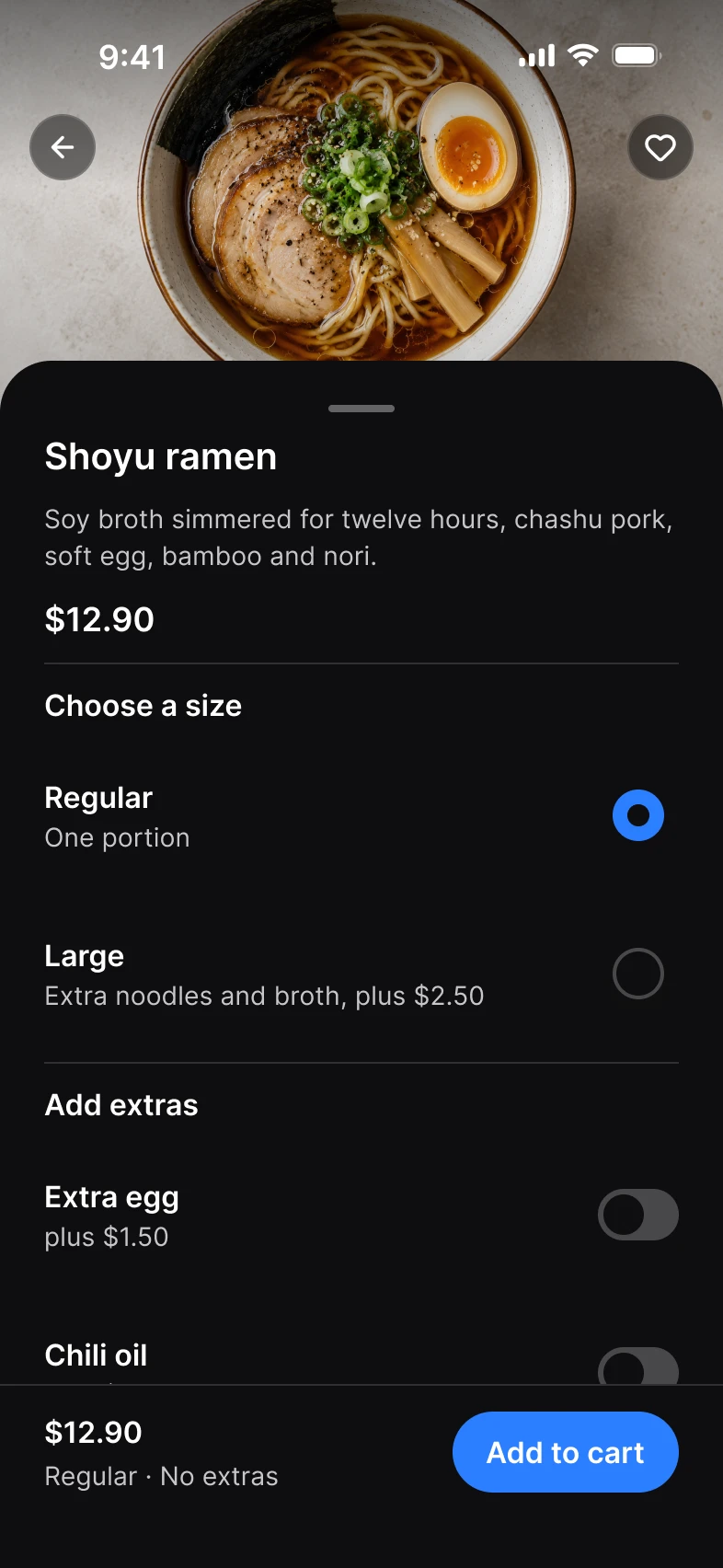 Dish sheet in dark mode: Shoyu ramen with a choice of size, extras and Add to cart