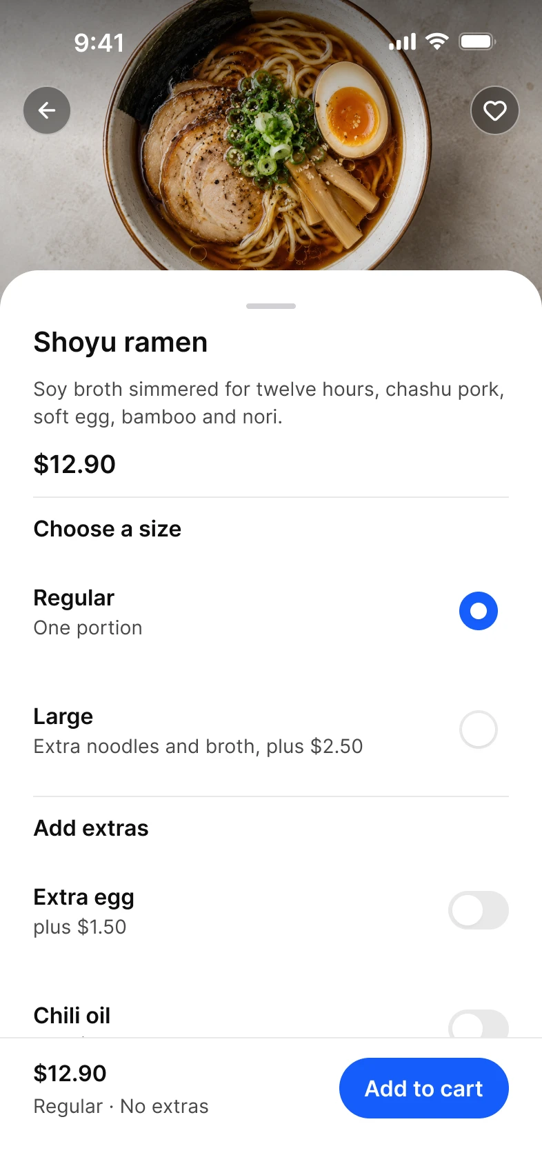 Dish sheet in light mode: Shoyu ramen with a choice of size, extras and Add to cart