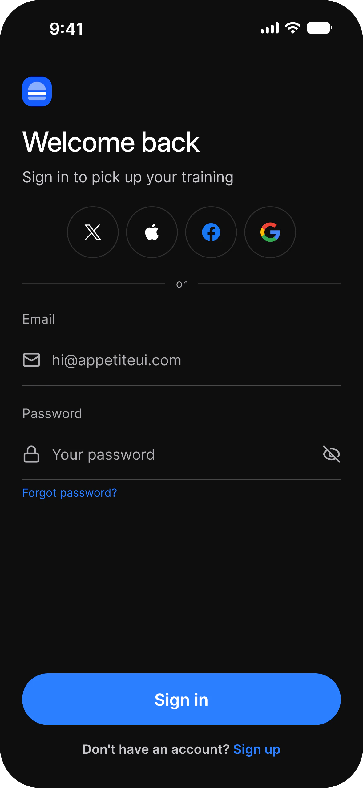 Welcome back sign in, dark mode: X, Apple, Facebook and Google buttons, email and password fields, and Sign in