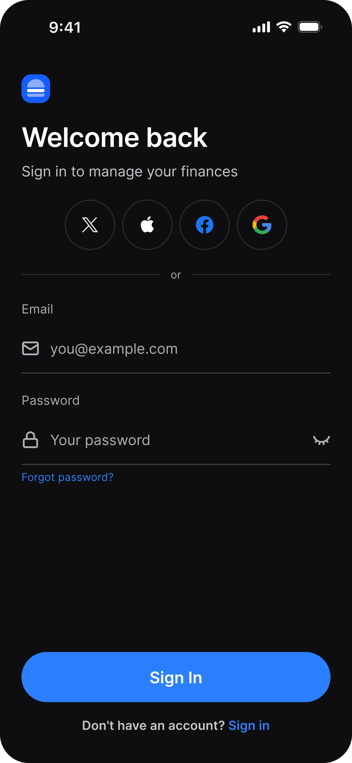 Welcome back sign in, dark mode: X, Apple, Facebook and Google buttons, email and password fields, and Sign In