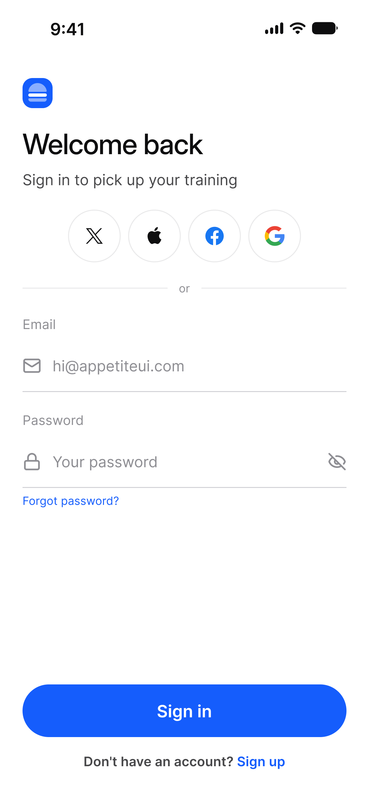 Welcome back sign in, light mode: X, Apple, Facebook and Google buttons, email and password fields, and Sign in