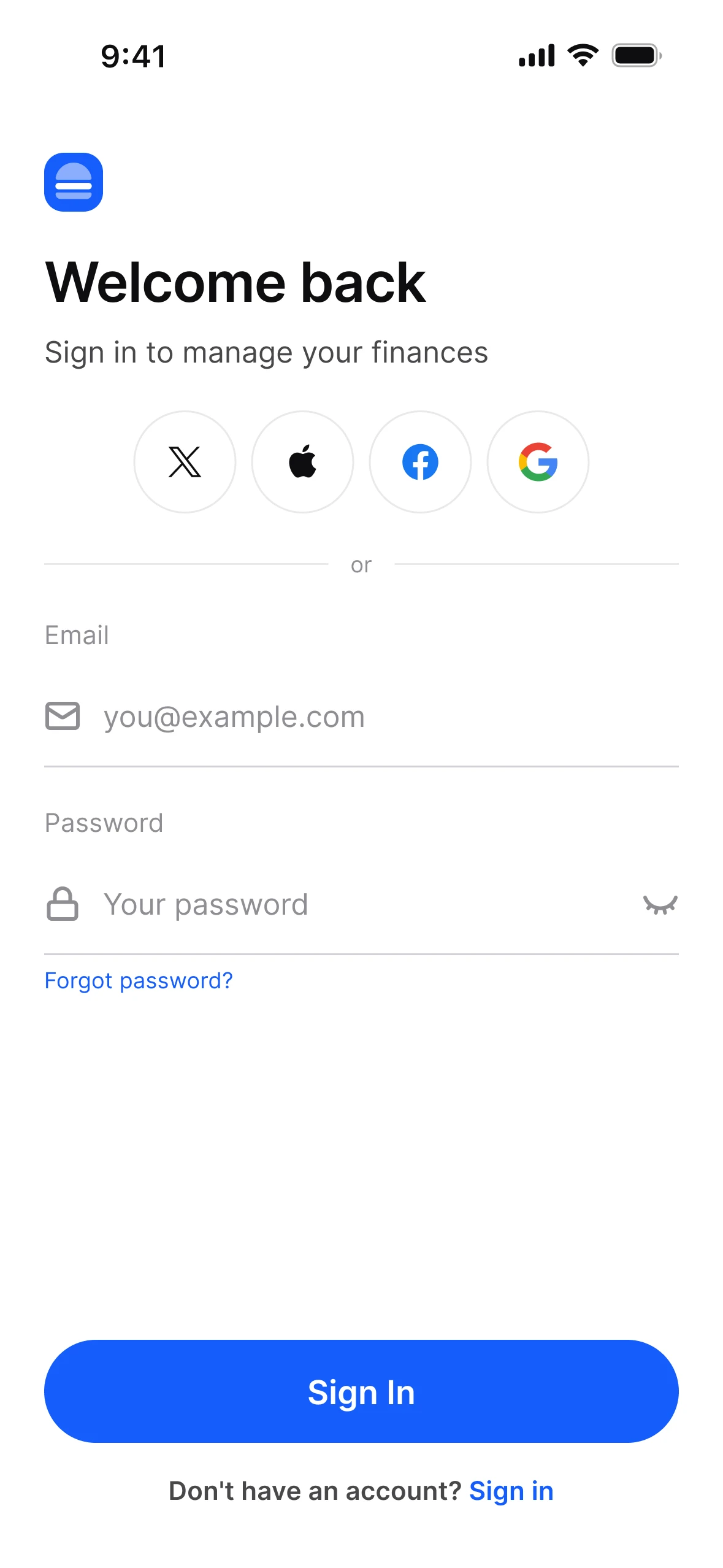 Welcome back sign in, light mode: X, Apple, Facebook and Google buttons, email and password fields, and Sign In