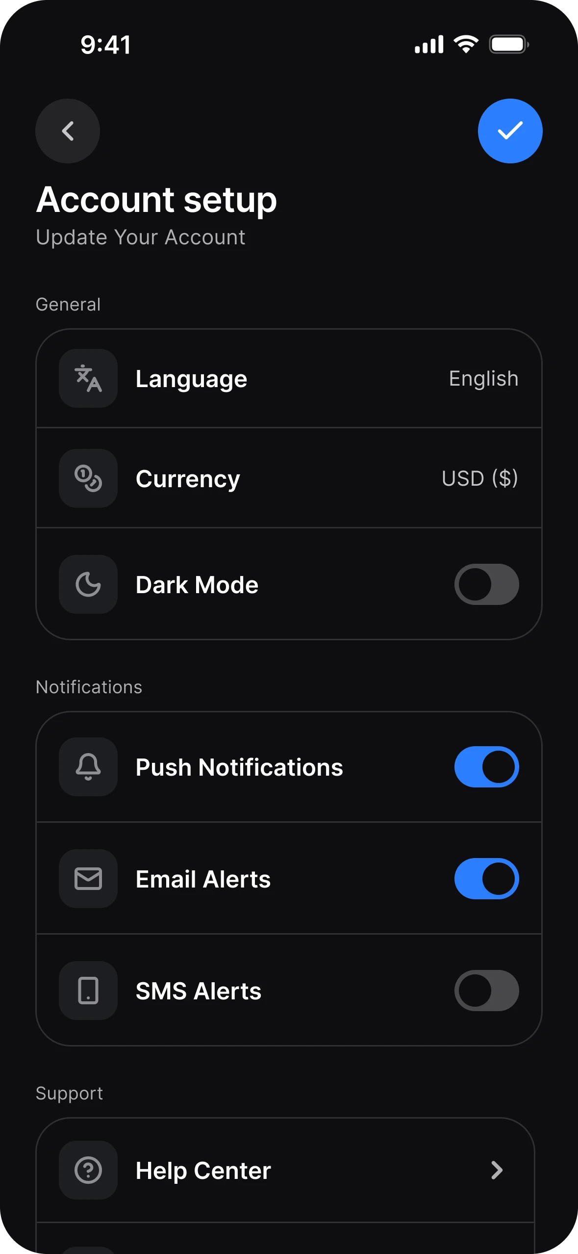 Account setup in dark mode: language, currency and dark mode rows, and switches for push, email and SMS alerts