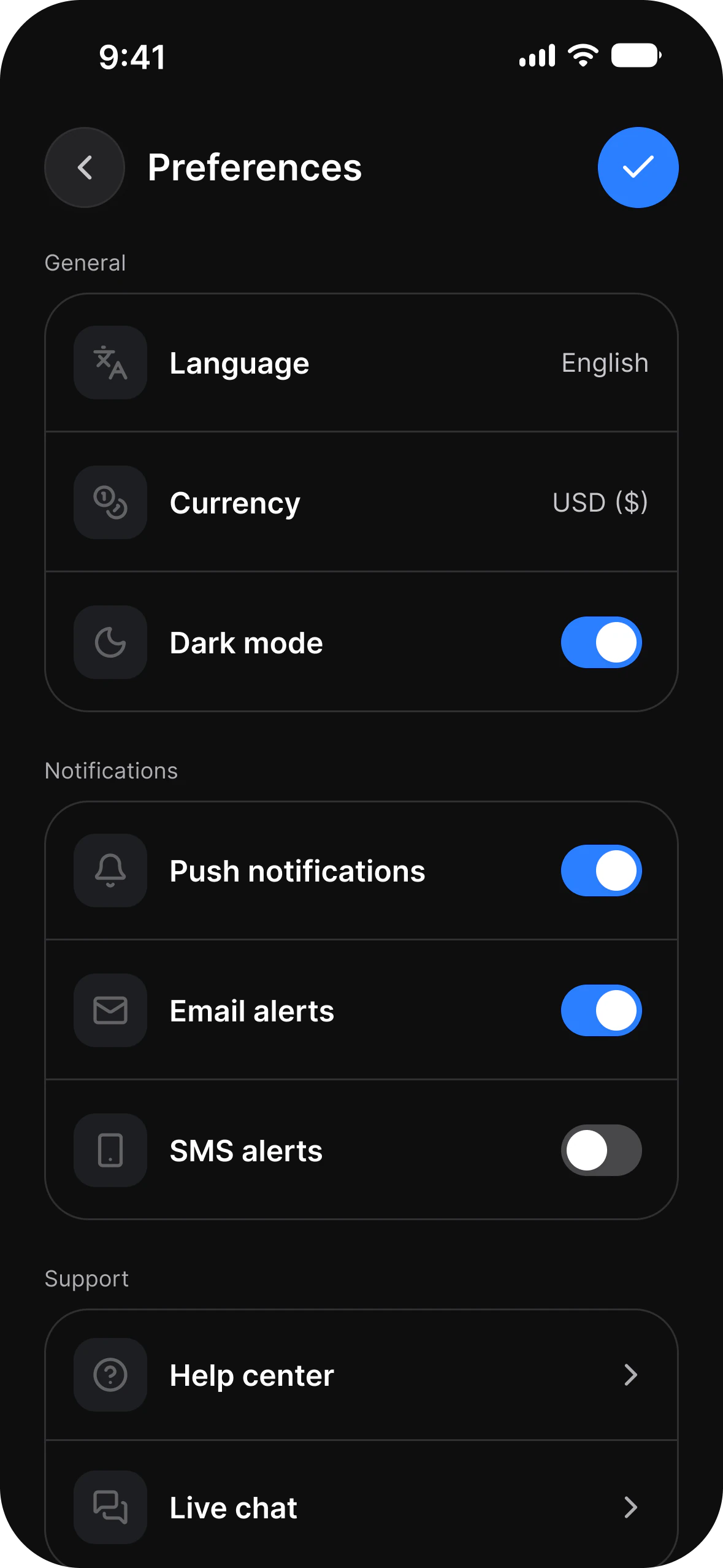 Preferences screen in dark mode: language, currency and dark mode rows, and switches for push, email and SMS alerts