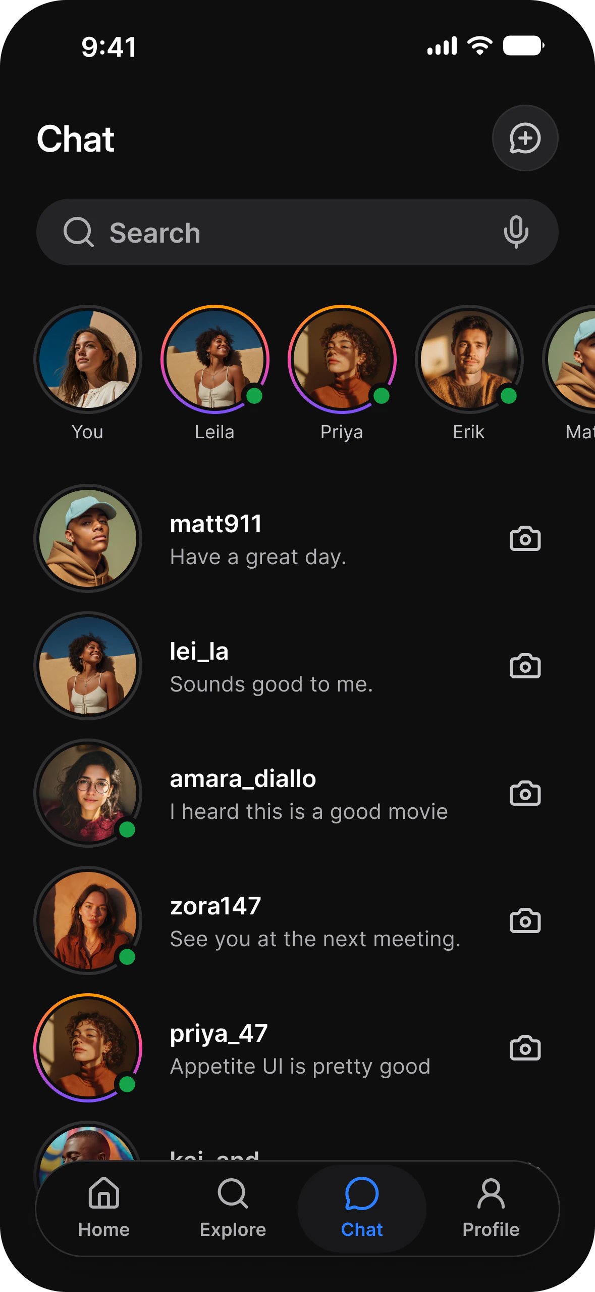 Chat list in dark mode: a row of stories above recent conversations