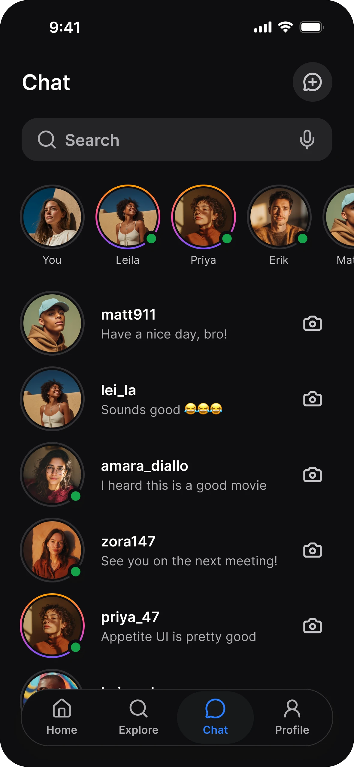 Chat list in dark mode: a row of stories above recent conversations