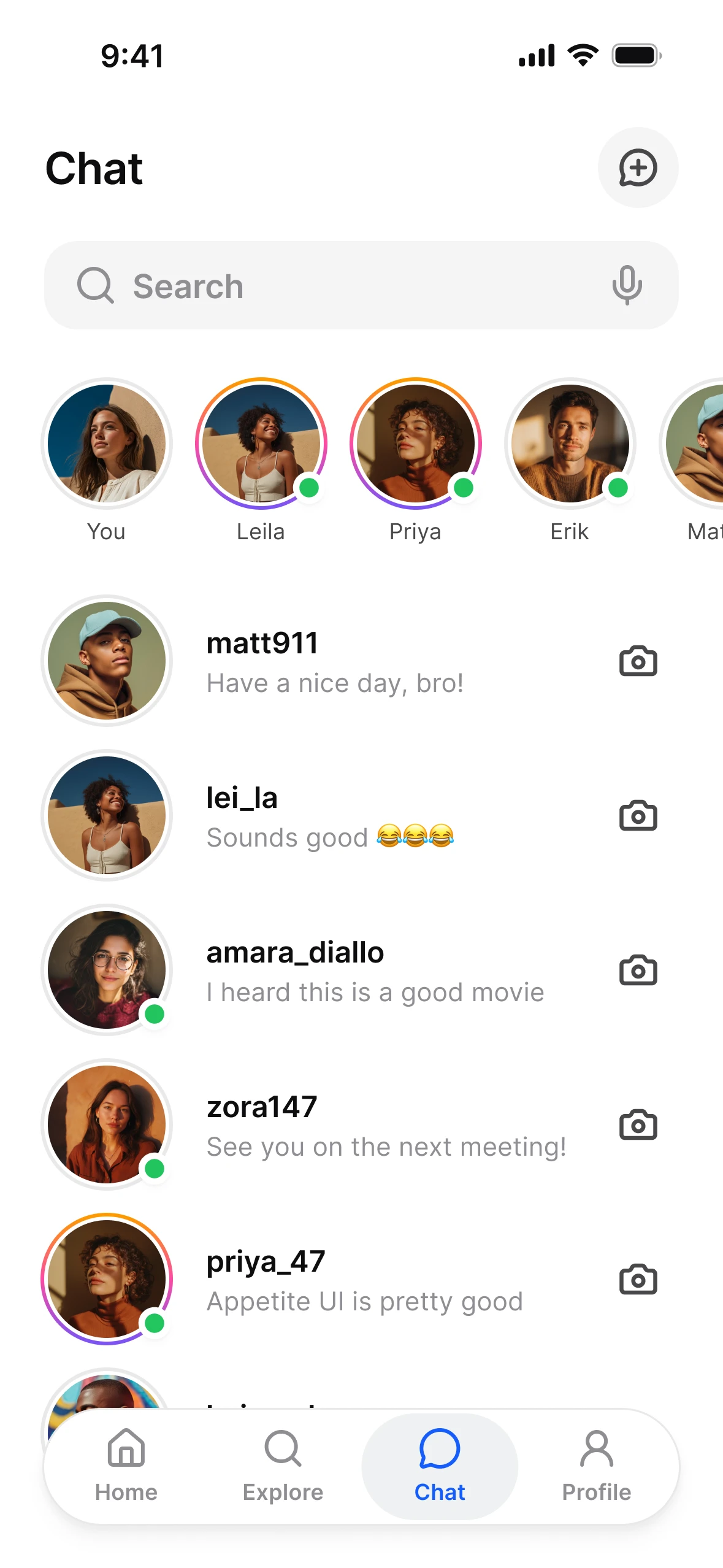 Chat list in light mode: a row of stories above recent conversations