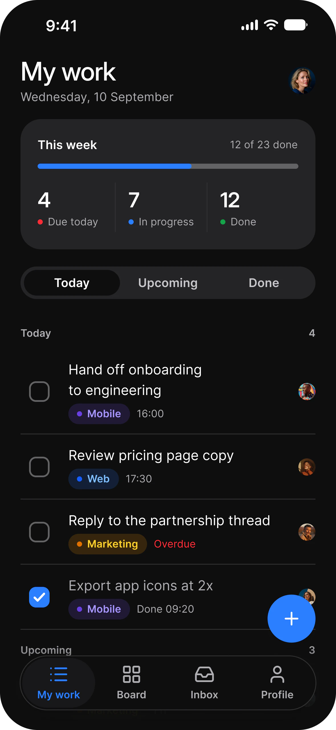 My work screen of the Tasks app in dark mode: a weekly progress card, a Today, Upcoming and Done segmented control, and a task list with labels and times